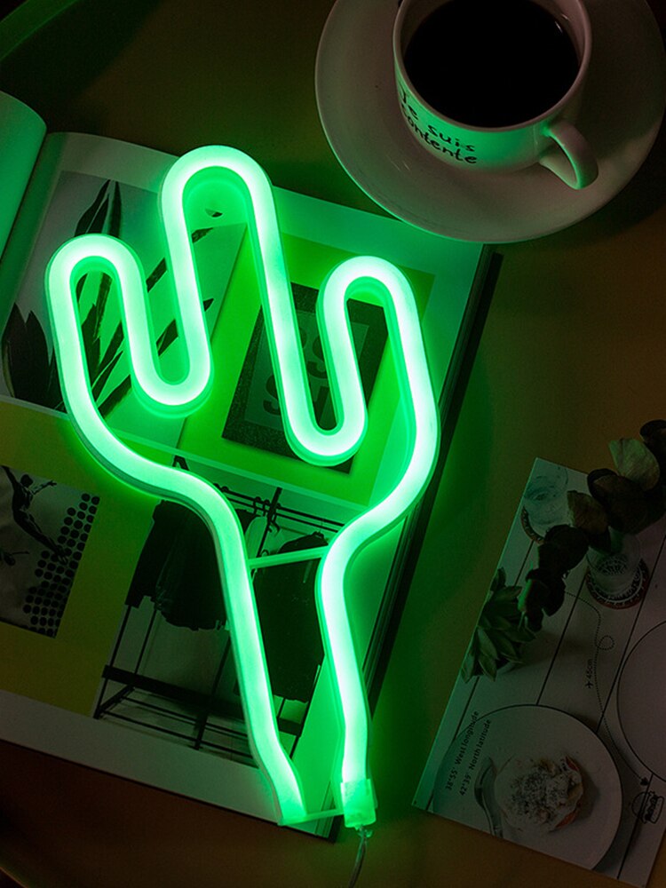 LED Neon Light Hello Wall Art Sign Bedroom Decoration moon star Rainbow Hanging Night Lamp Home Party Decor Xmas: Cacti