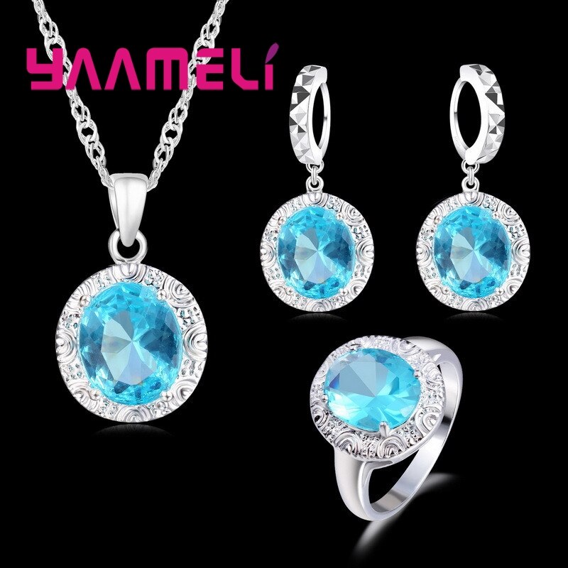 925 Sterling Silver Style Lake Blue Round For Women Necklace Earrings Ring Set Wedding Birthday