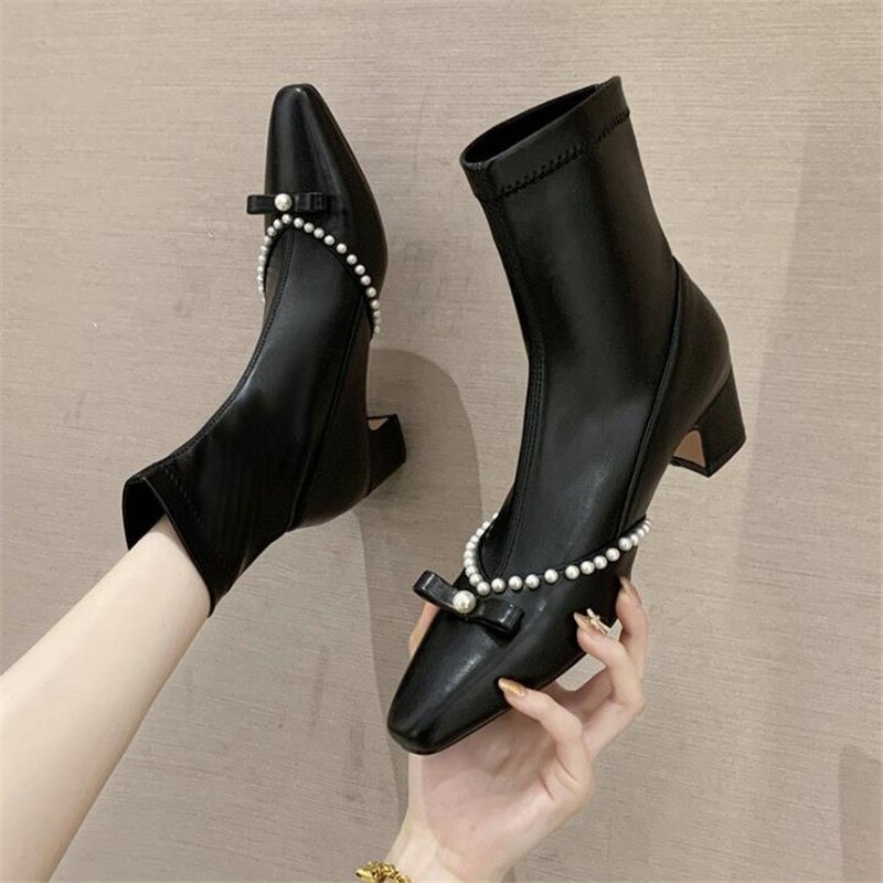 Bottines élégantes avec perles pour femmes, chaussures confortables à talons carrés, courtes en Pu, en plissage, collection automne-hiver