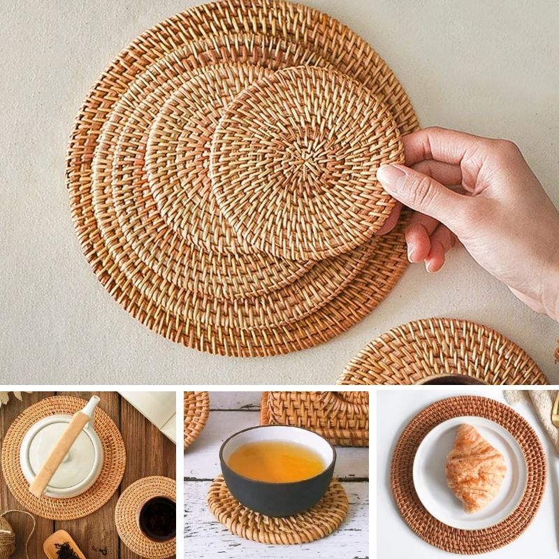 Tapis rond en rotin naturel pour tasse de thé, napperons thermo-isolants tissés à la main, rembourrage de Table, accessoires de décoration de cuisine