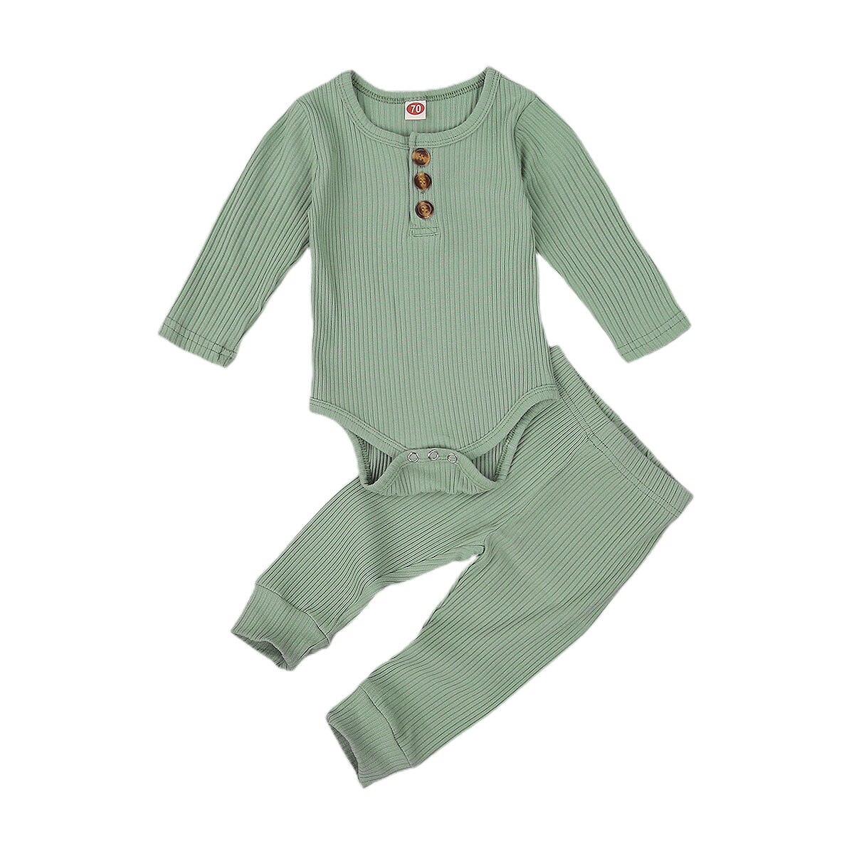 Baby jongens meisjes kleding slaapkleding herfst 2 stuks outfit 0-24m ronde hals knoop lange mouwen romper jumpsuit broek effen set: B / 6m