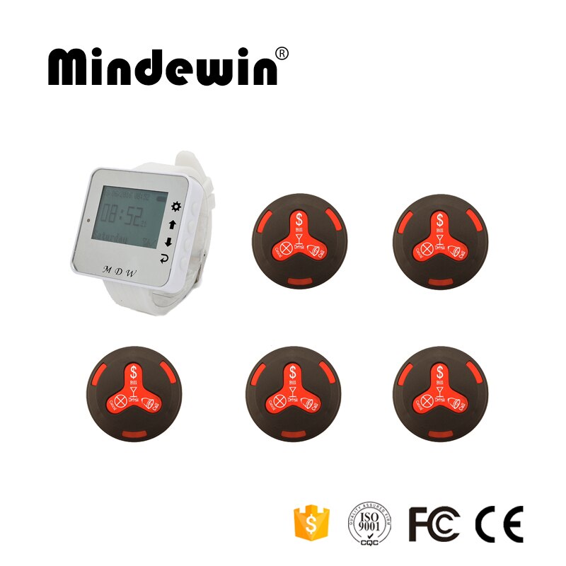 Mindewin 433MHz Restaurant Wireless Calling Paging System 1pc Wrist Watch Receiver Host +5pcs Black Call Transmitter Button: Red