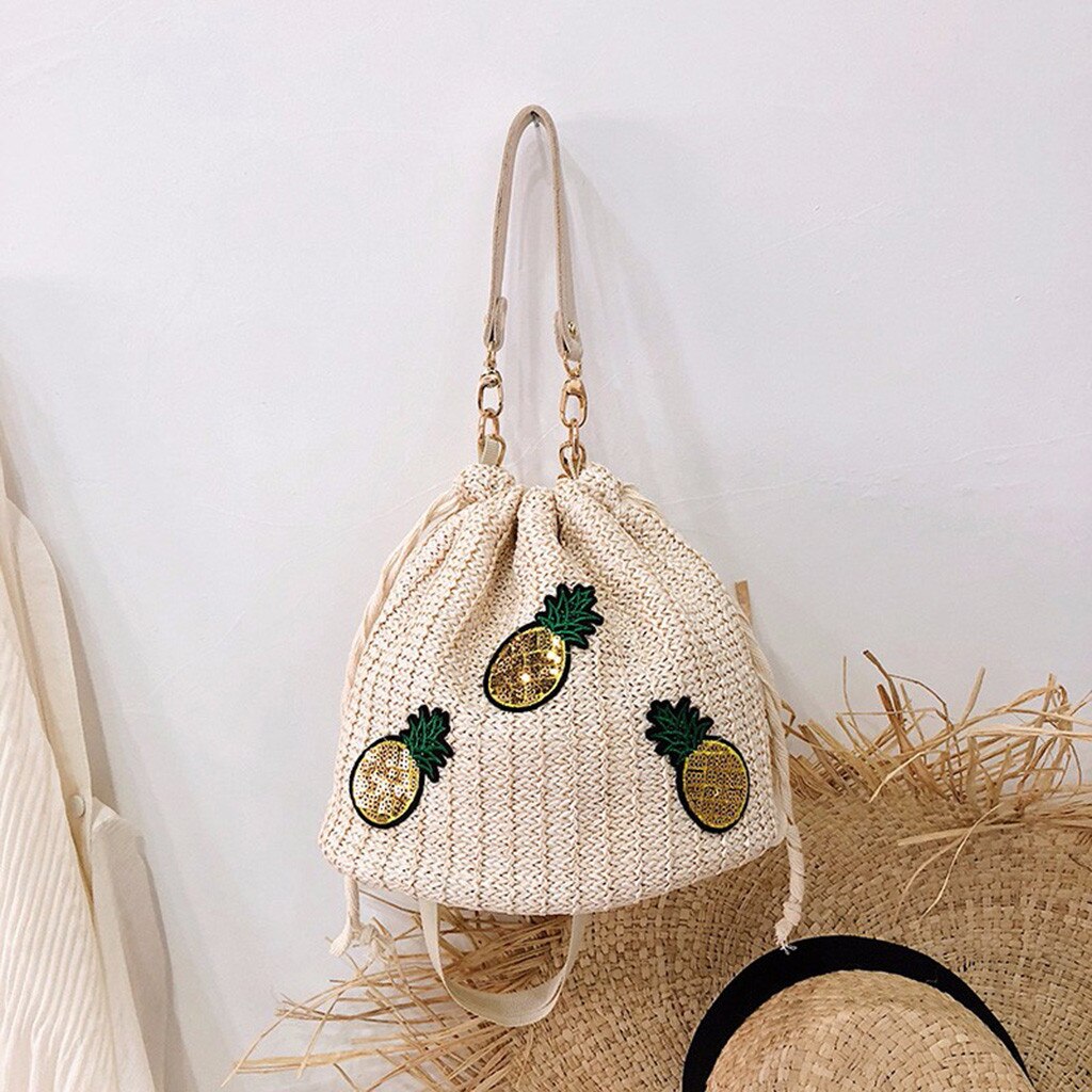Bolsa de ombro feminina bolsa de ombro saco de balde de palha pineappl mensageiro sacos de praia