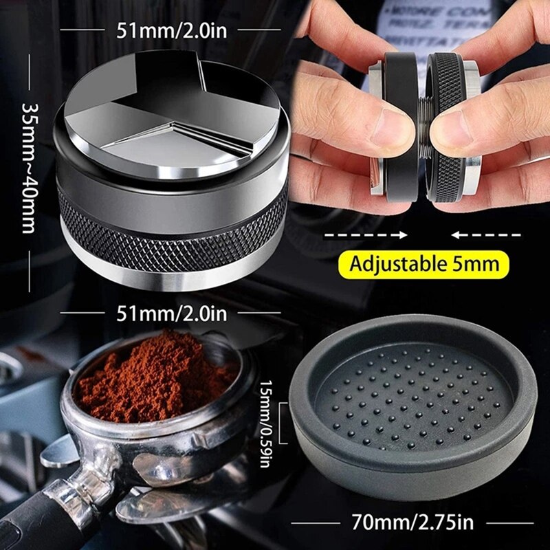 Distribuidor y Tamper de café de 51mm, 51mm para Delonghi dedicada portafiltro con alfombrilla de silicona, profundidad ajustable