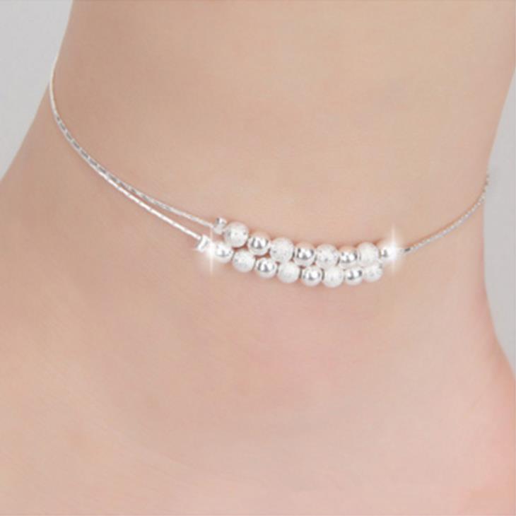 Kofsac Trendy Dubbele Laag Kralen Enkels Ketting Armband Barefoot Sandal Beach Voet Sieraden 925 Sterling Zilveren Enkelbanden Voor Vrouwen