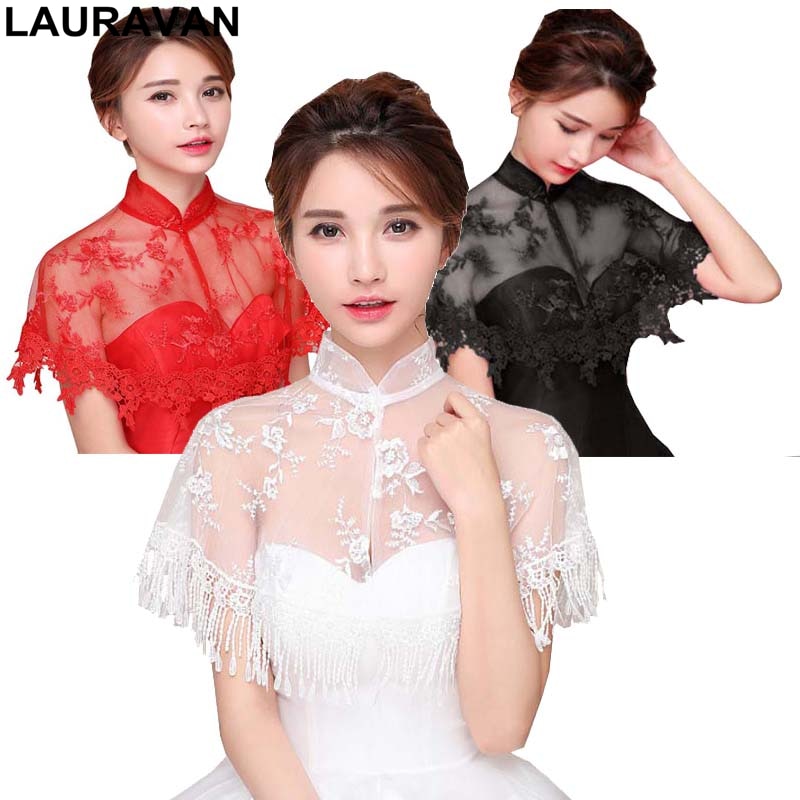 Efterår tynde blonder højhalset bryllupstilbehør cheongsam bolero korte aftenkapper elfenben sorte røde jakker kvinder wrap