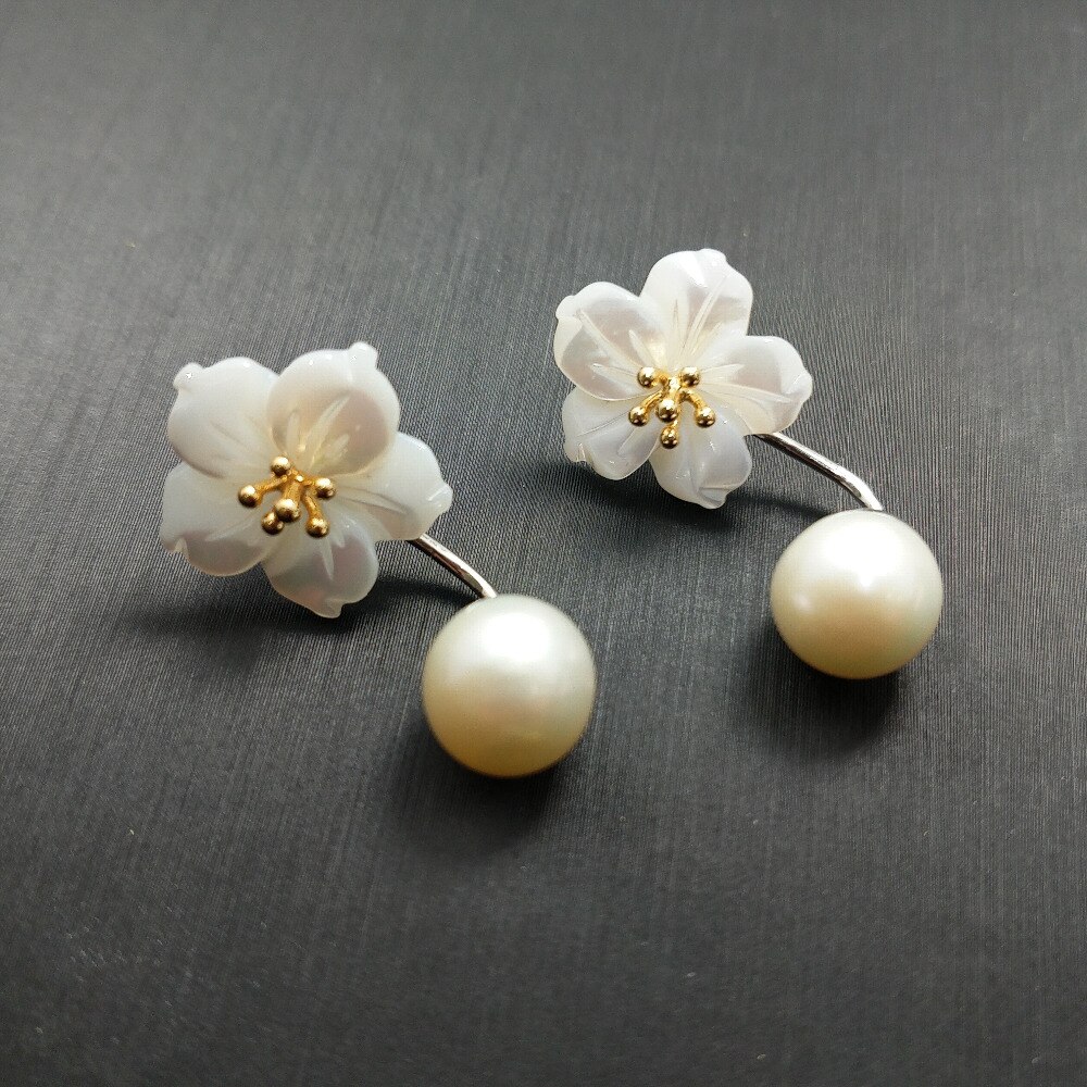 FLZB, pendientes elegantes de perlas de agua con flor de concha natural en plata de ley 925 con pendientes de de de dos estilos de 18k