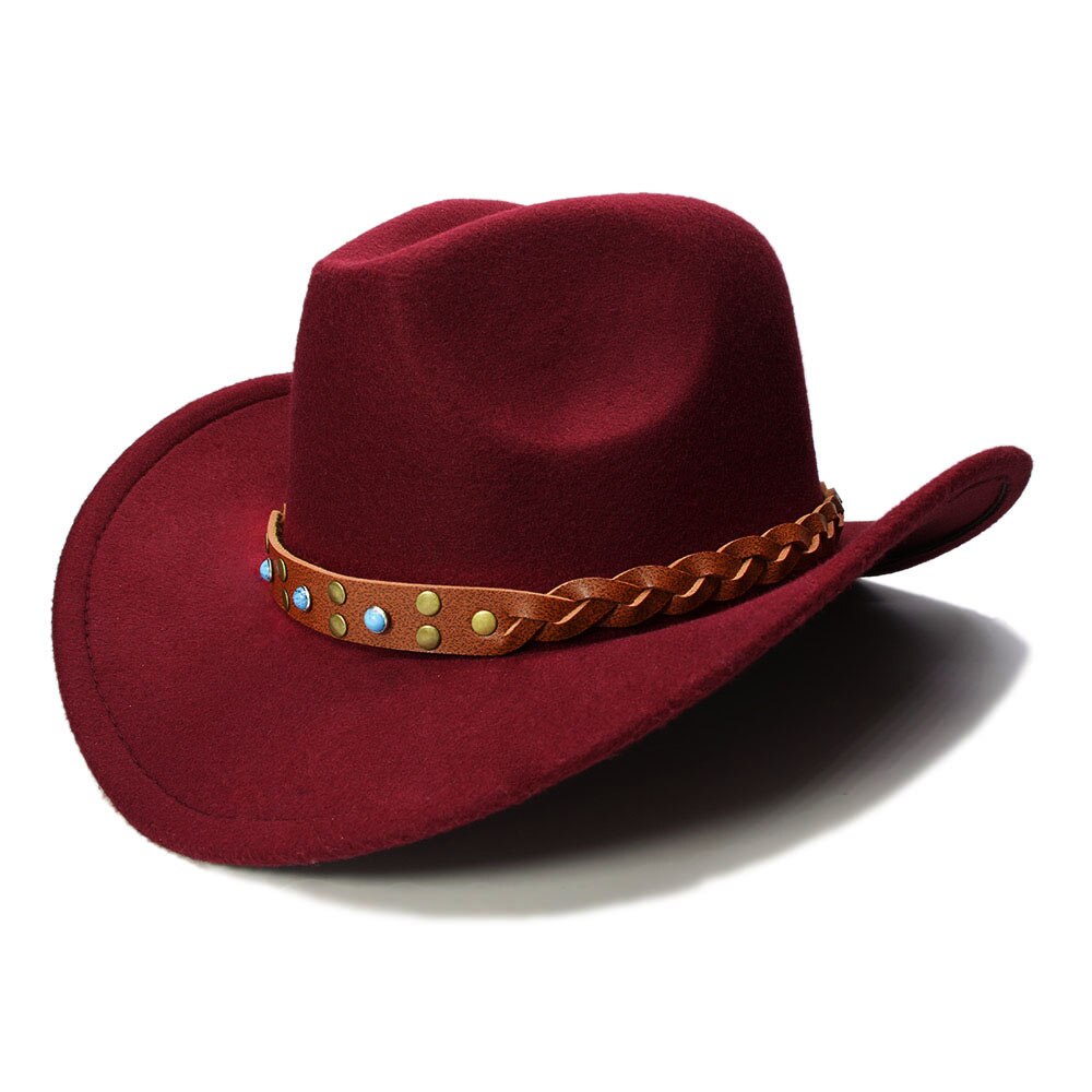 LUCKYLIANJI Womem Men Female Male's Wool Felt Western Cowboy Hat Wide Brim Cowgirl Braid Leather Band (One Size:57cm): Wine