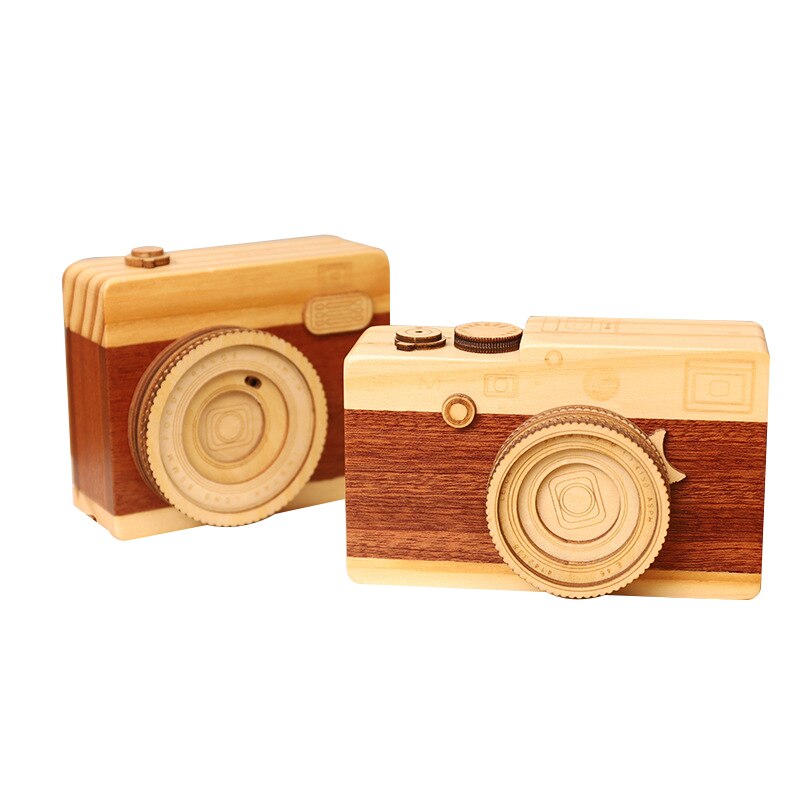 Wooden Camera Music Box Children's Day Girls Birthday Rotating Shutter Music Box Handmade Furniture Decoratio