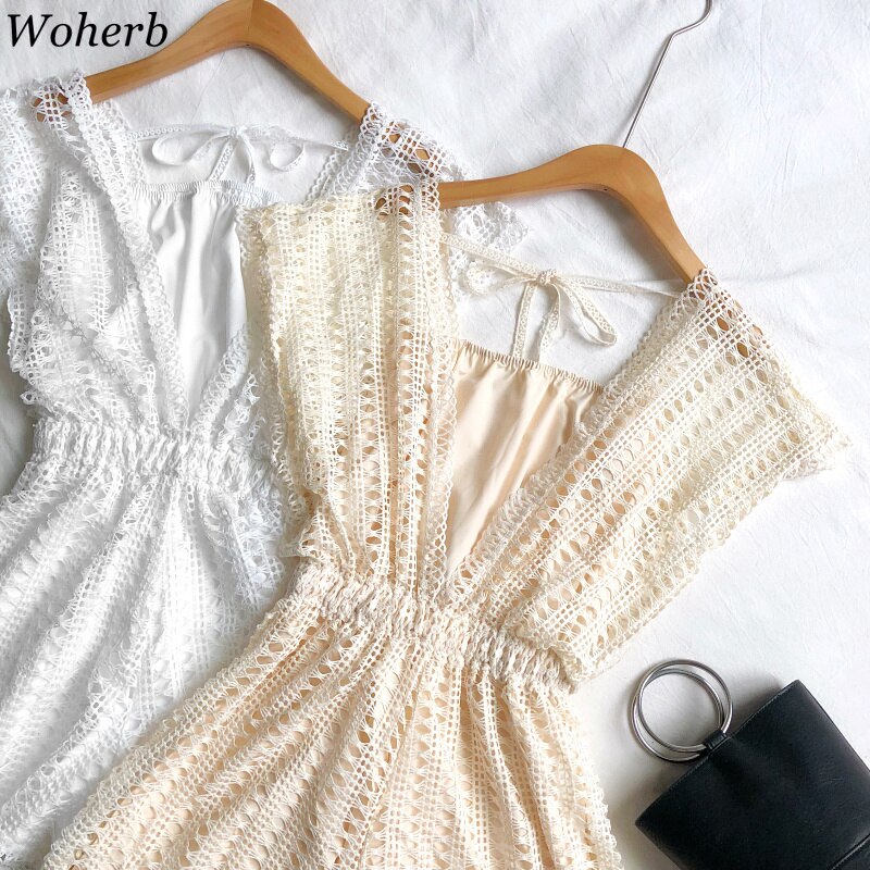 Woherb dam sommar playsuits ihåliga v-ringade spets jumpsuits med breda ben med hög midja kort jumpsuit strand lösa byxor