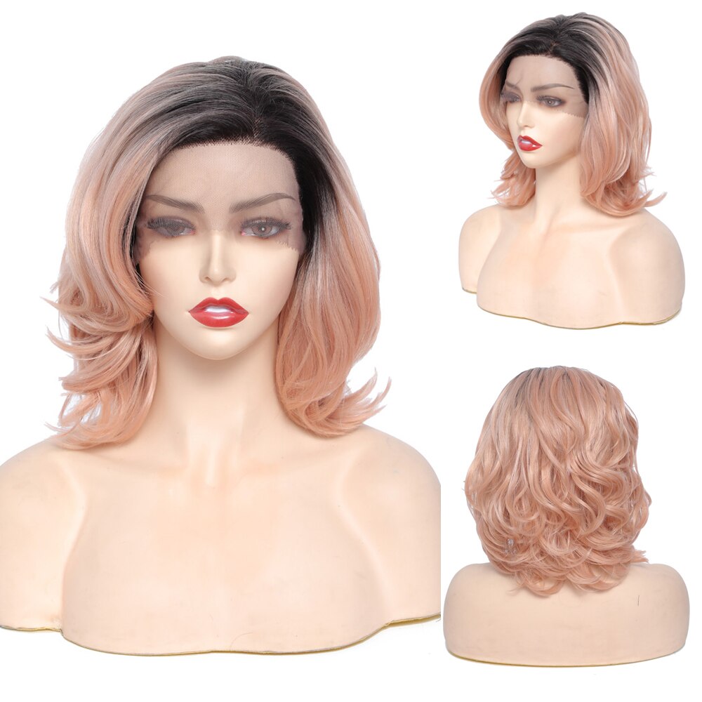 Peluca de X-TRESS ondulada con plumas para mujer, cabellera sintética con degradado, malla gratis española y roja, resistente al calor, para Cosplay, Bob corto: ROSE PINK
