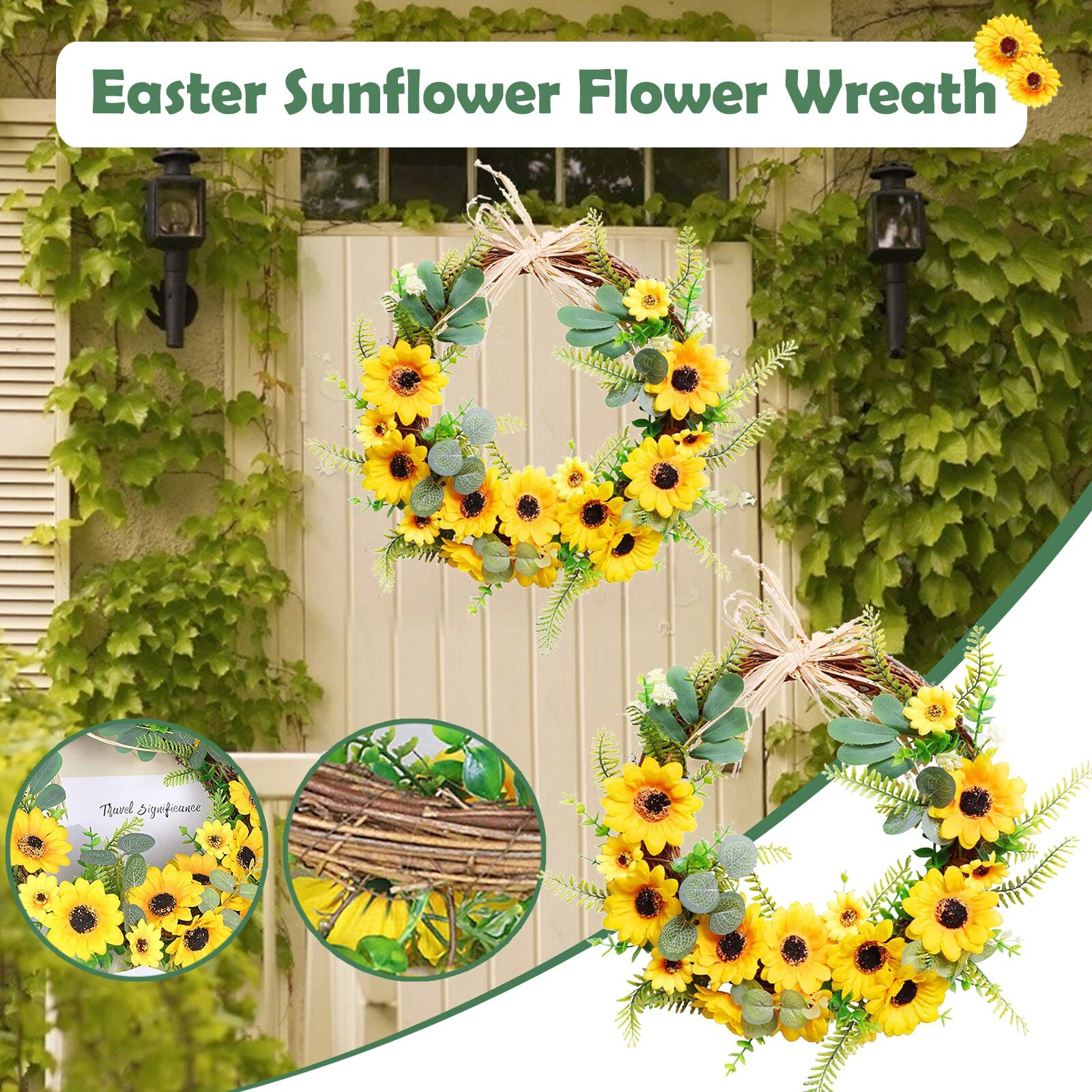 Easter Artificial Yellow Sunflower Wreath Decorative for Home Front Door WallSupport and
