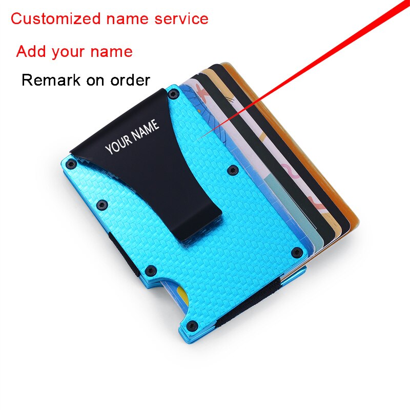 Slim Aluminum RFID Magic Wallet Carbon Fiber Card Holder fit 6 Bussiness Cards for Women& Mens: Blue  add name