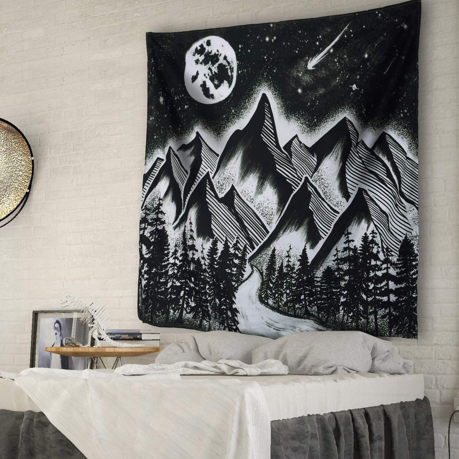 Czarny biały księżyc gwiazdy ściany wiszące Góra psychodeliczny konstelacji astrologia ozdoba ściany hipis Boho dla sypialnia salon