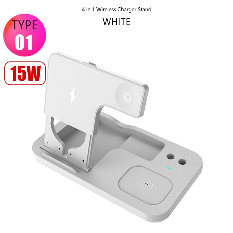 4in1 15W Wireless Charger Fold Stand for Apple Watch 5 4 3 2 iPhone 11 Airpods Pro Pencil Multifunction Wireless Charging Holder: Type1 15W White