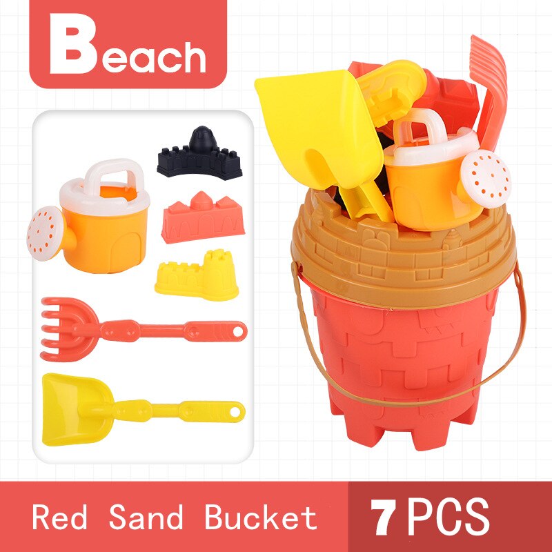 Zomer 7Pcs Strand Gereedschap Set Zand Spelen Speelgoed Voor Kids Fun Water Beach Seaside Gereedschap Kind Zandloper Schop Tool: red  sand bucket