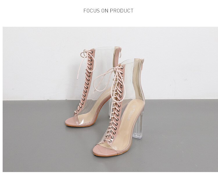 Novelty Clear Heels Women Sandals Cross-Strap High Summer Sandals Solid Casual Lace-Up Shoes 2121 Nice: Light Yellow / 40