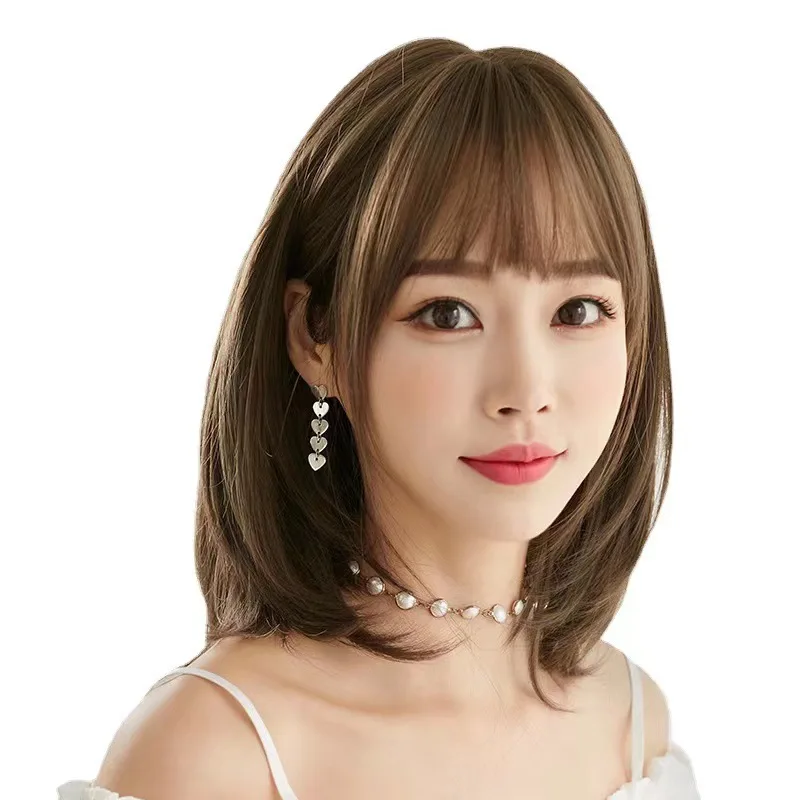 Koreansk stil dameparykk med hel skulder, pannelugg, langt hår, luftfiberhårhette, strømpehette, parykk til kvinner, utvidelser