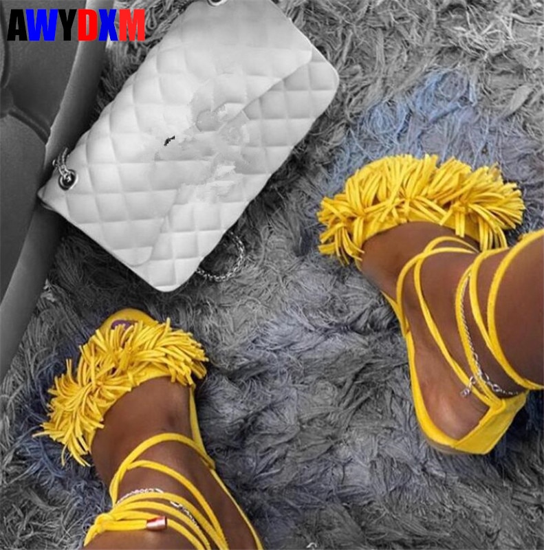 Gladiador sapatos femininos verão sandálias borla plana sandlas senhoras tornozelo cinta peep toe sapatos de praia ao ar livre vestido sandálias femininas