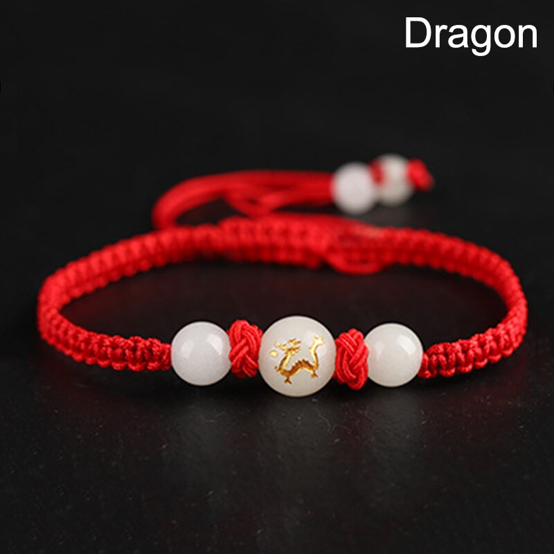Chinese Stijl 12 Dierenriem Dieren Armband Unisex Handgemaakte Gevlochten Rode Draad Lucky Lichtgevende Steen Verstelbare Armband Paar: Dragon