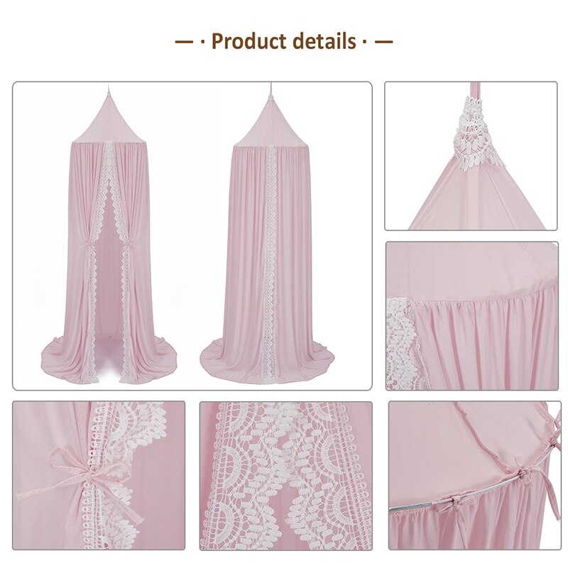 Auvent de lit rond rose blanc/gris, rideau de berceau pour bébé fille, avec dentelle, tente de jeu pour enfants, dôme suspendu, chambre d&#39;enfant