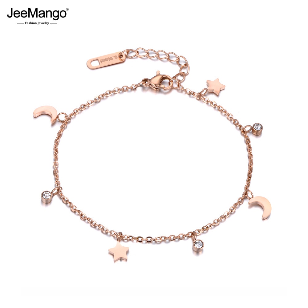 JeeMango Trendy Bracelet Moon & Star & CZ Crystals Rose Gold Color Stainless Steel Bracelet Link Chain Christmas JB18186