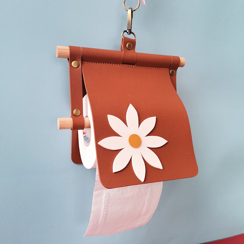 Handmade Leather Toilet Paper Holder Waterproof Flower Bathroom Roll Tissue Box Washroom Contact Paper Storage Rack Home Decor: brown
