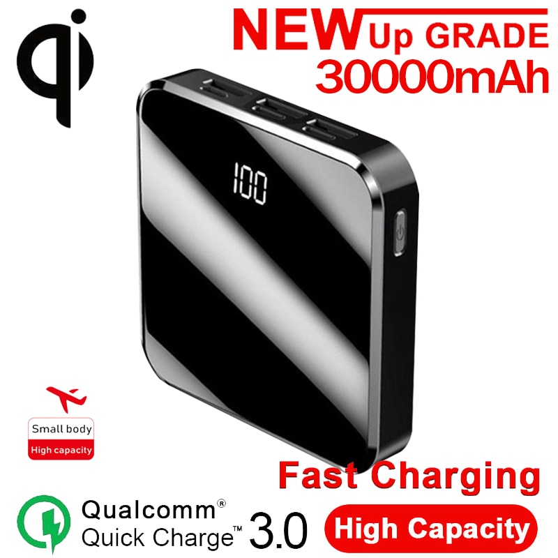 Qi Draadloze Oplader 3 Usb Mini 30000Mah Power Bank Digitale Display Led-verlichting Externe Batterij Ultra-Dunne Draagbare fast Charger