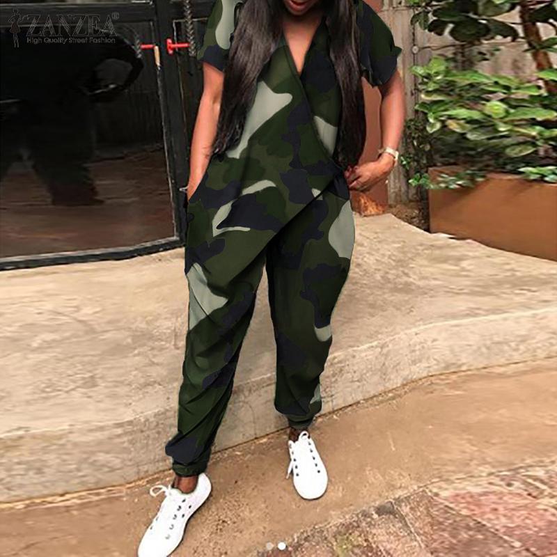Camouflage Overalls Womens Summer Jumpsuits ZANZEA Casual Short Sleeve Rompers Female V Neck Harem Pants S-5XL