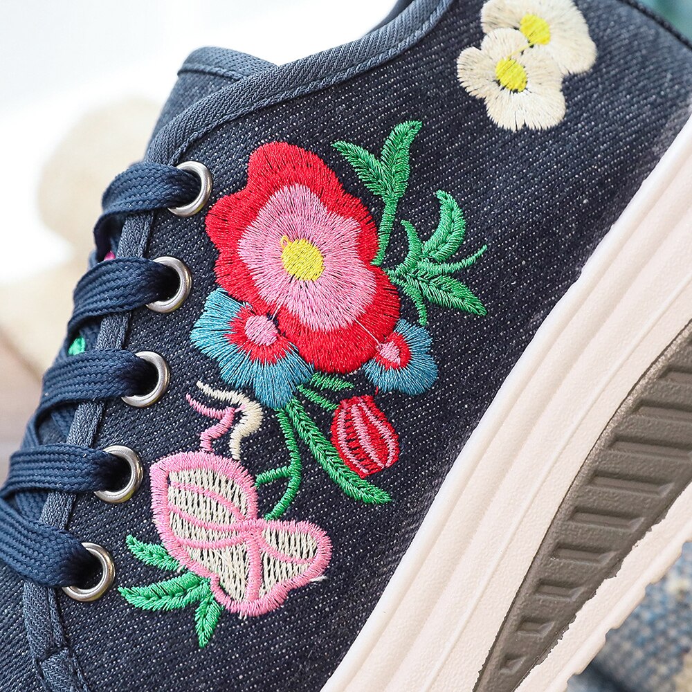 Veowalk Blumen- Stickerei frauen Leinwand Flache Plattformen Spitze hoch Damen lässig Komfort Turnschuhe Schuhe Frau Schlingpflanzen