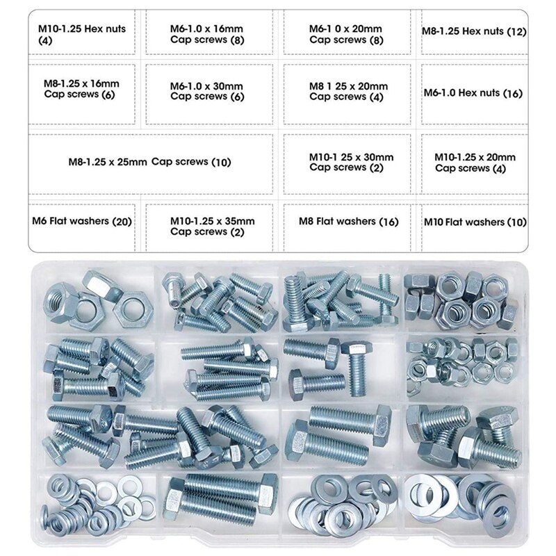 Boulon hexagonal M6 M8 M10 et écrou hexagonal et jeu de rondelles, 128 pièces