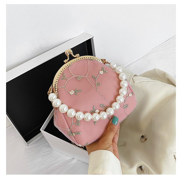 Sling Bag Female Women's Hand Bags Luxury Handbag Vintage Beading Lace Chain Messenger Shoulder Bags for Women: Pink