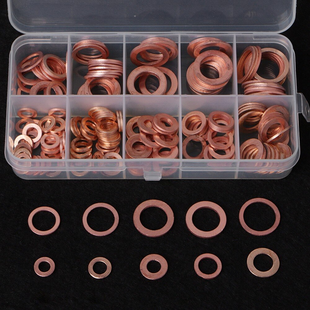 200 Stuks Koperen Ringen Pakking Set 9 Maten Platte Ring Seal Kit Met Plastic Doos