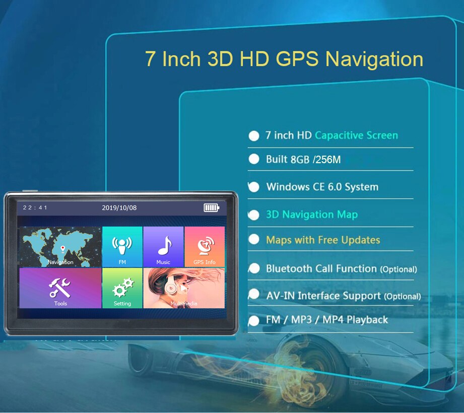 Anfilite 7 inch capacitief scherm vrachtwagen gps navigator  ce 6.0 256m 8gb bluetooth avin 800 mhz voertuig auto gps 3d navigatie