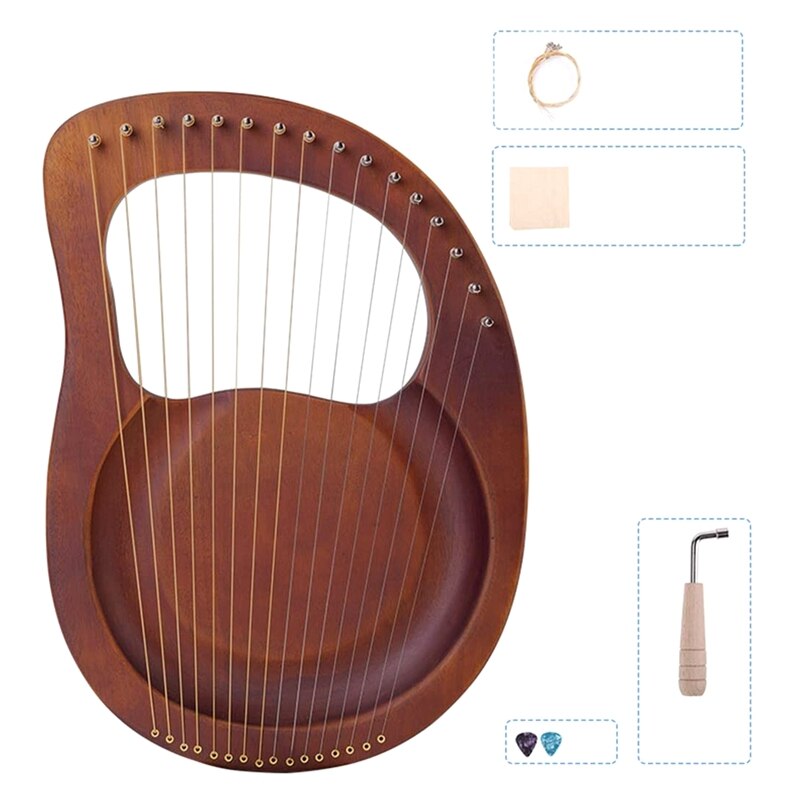 Lyre harpe ,16 strenge harpe heptachord massivt træ mahogni lyre harpe med tuningnøgle til musikelskere børn voksen