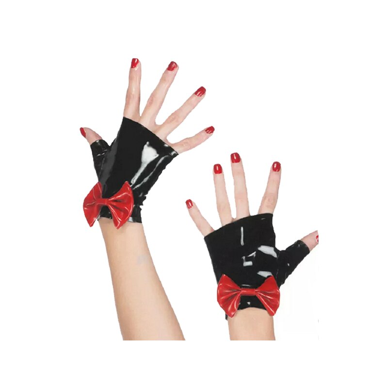 Latex Vingerloze Handschoenen Mini Leuke Vrouwen Zwart Met Rode Boog Handschoenen Maat S-XL
