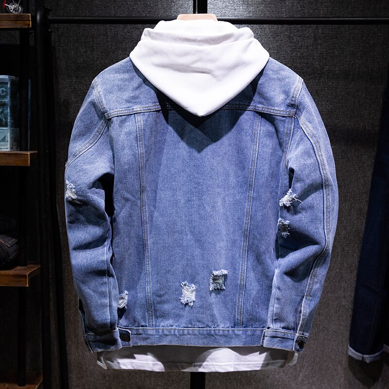 männer Neue Dünne Streetwear Abnehmbare kapuze Denim Jacken Hüfte hüpfen männlich Einfache Feste Beiläufige Jeans Jacke Mantel Plus Größe 5XL