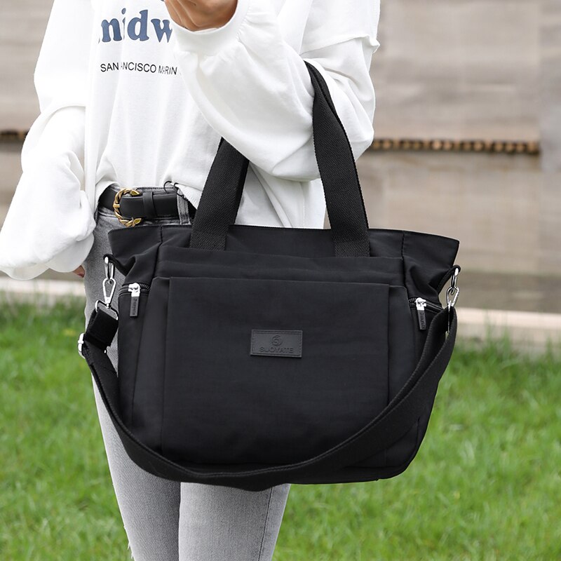 Nylon Shoulder Bags For Women Solid Color Casual Tote Large Capacity Black Crossbody Bag Soft Zipper Travel Handbag