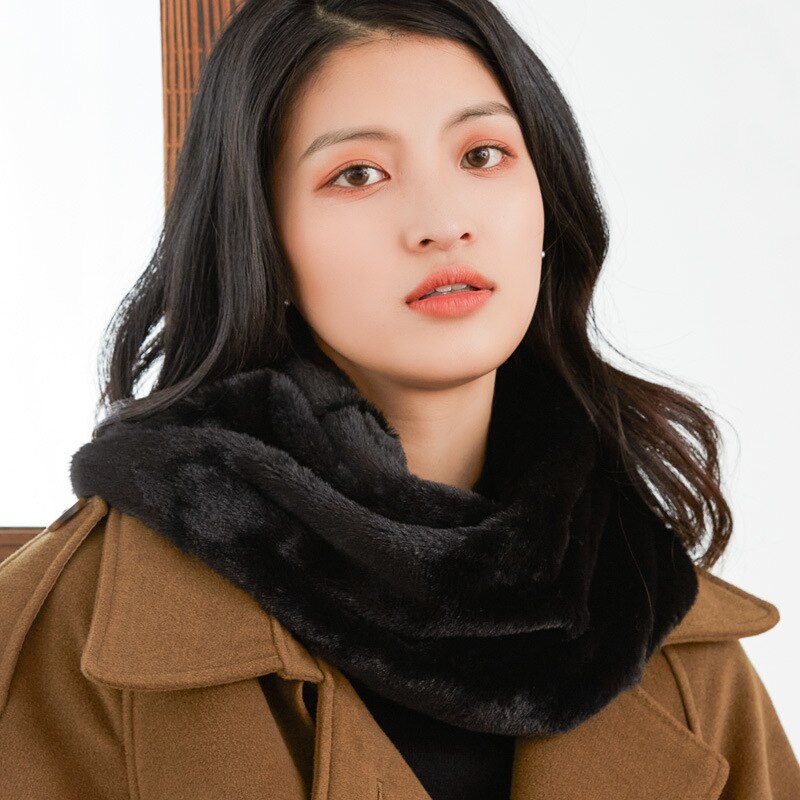 Écharpe coréenne en fausse fourrure de lapin, col, cachemire, solide, peluche, épaisse, chaude, écharpe, snood, cyclisme, coupe-vent, pull ,  o23: Noir