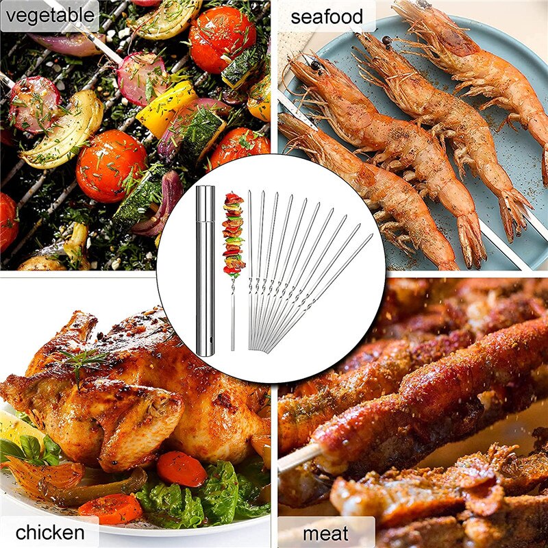 Brochettes de Barbecue réutilisables avec Tube de rangement, en acier inoxydable, accessoires de cuisine d&#39;extérieur