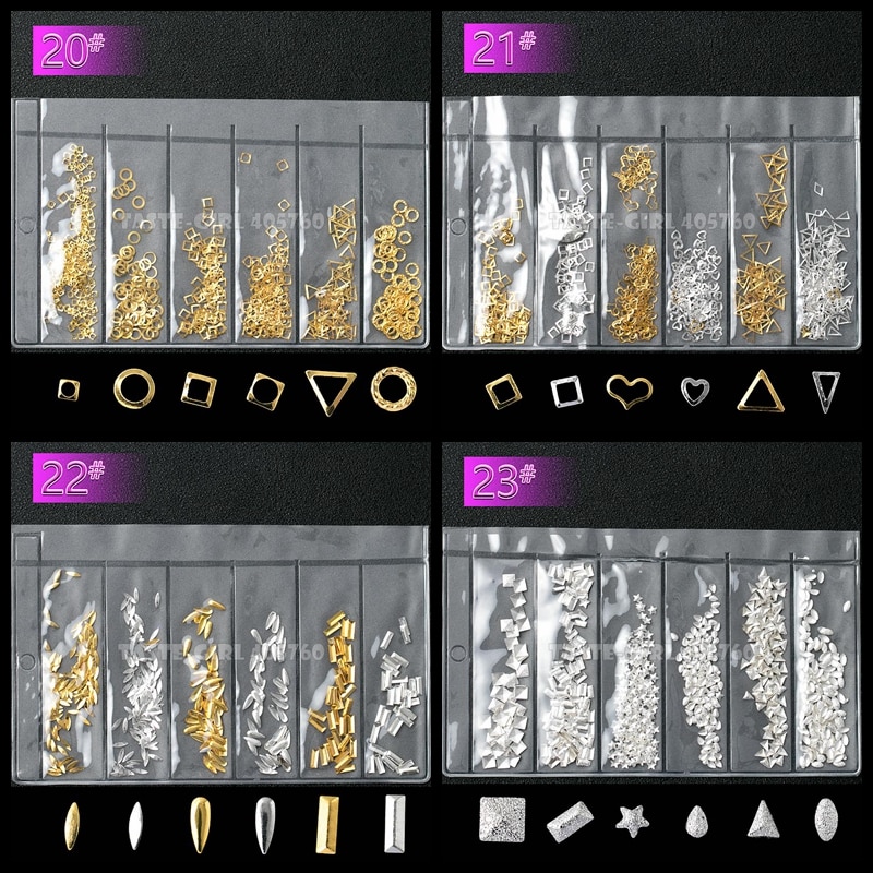 1 Pack Mix 6 Vorm Zilver Goud 3D Metalen Frame Frosted Studs Nail Art Legering Gems Decoraties Manicure DIY Tips 16-23 #