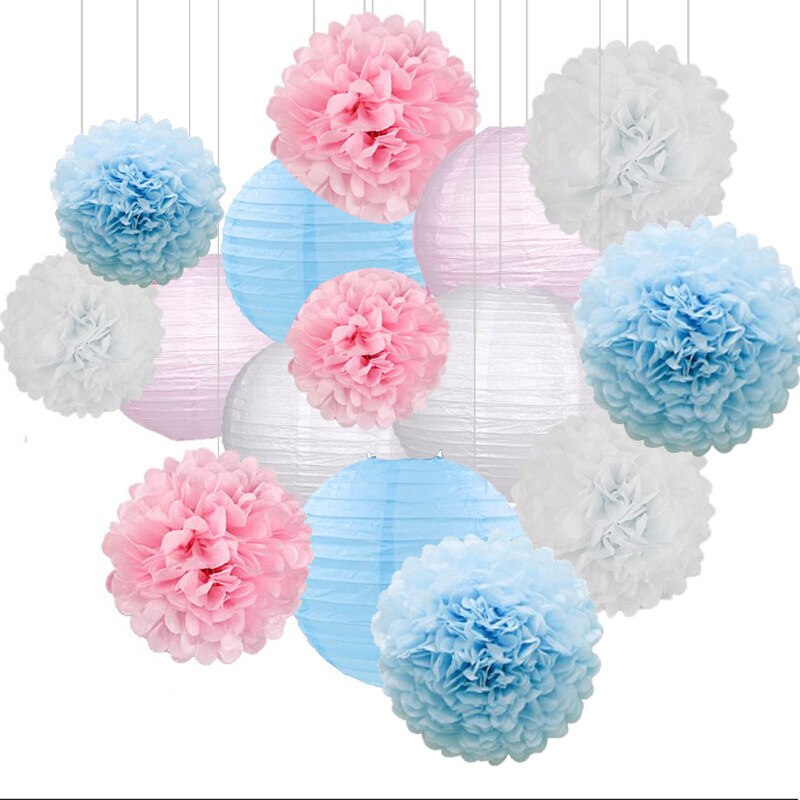 DIY Baby Shower Festival Party Supplies Wedding Birthday Tissue Paper Pom-poms Flower Ball Lanterns Set Decoration: Blue suit