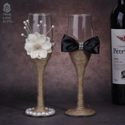 2 st set bröllopsglas linne kristall bröllop champagneglas spetsklänning bägare rödvin glas kopp bröllopsdekoration: 3