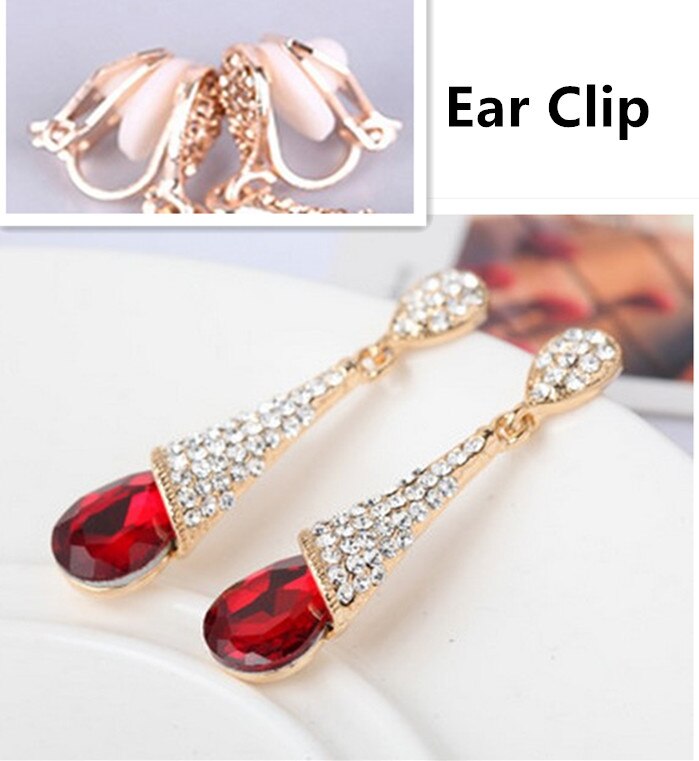 Korean Luxury Rhinestone Crystal Water Long Earrings Jewelry Bride Wedding Earrings Non Pierced Ear Clip Ear Cuff: red gold ear clip