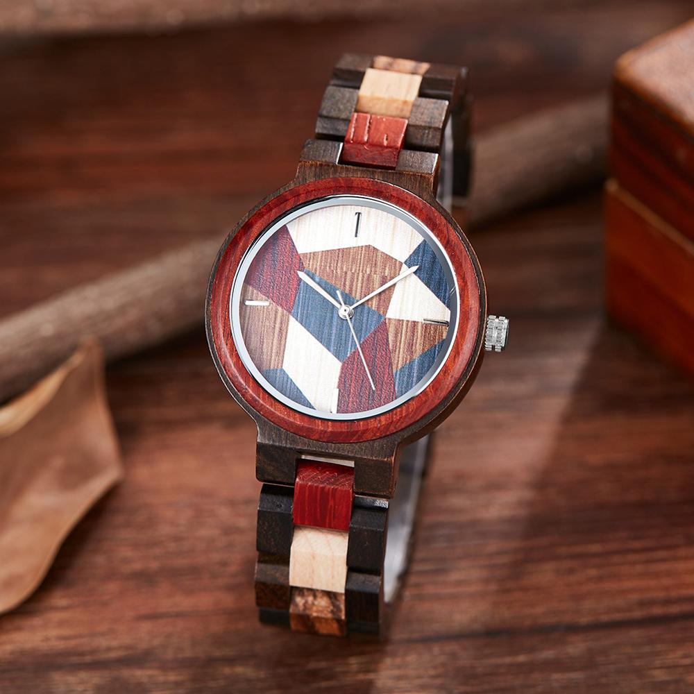 Kleurrijke Houten Horloge Vrouwen Quartz Rode Houten Band Multicolor Wijzerplaat Horloge Reloj De Mujer Met Doos