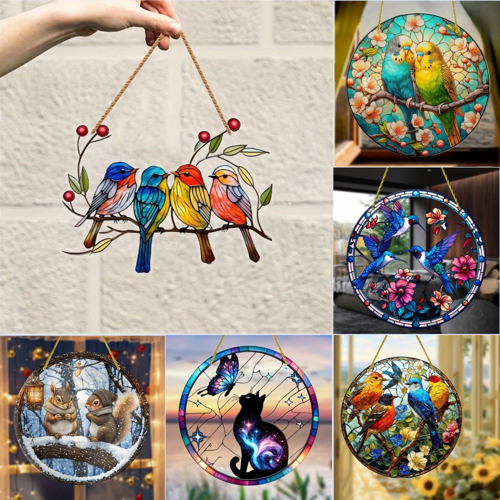 2D Acrylic Flat Printing Birds Flowers Animal Pendant Home Tree Window Hanging Decor Car Backpack Pet Wind Chime Ornament