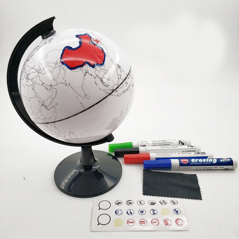 Modelo de globo pintable y borrable, borrado de plástico, mapa del mundo, dibujo telurio, aplicación de enseñanza DIY con 4 pinceles nk-sh