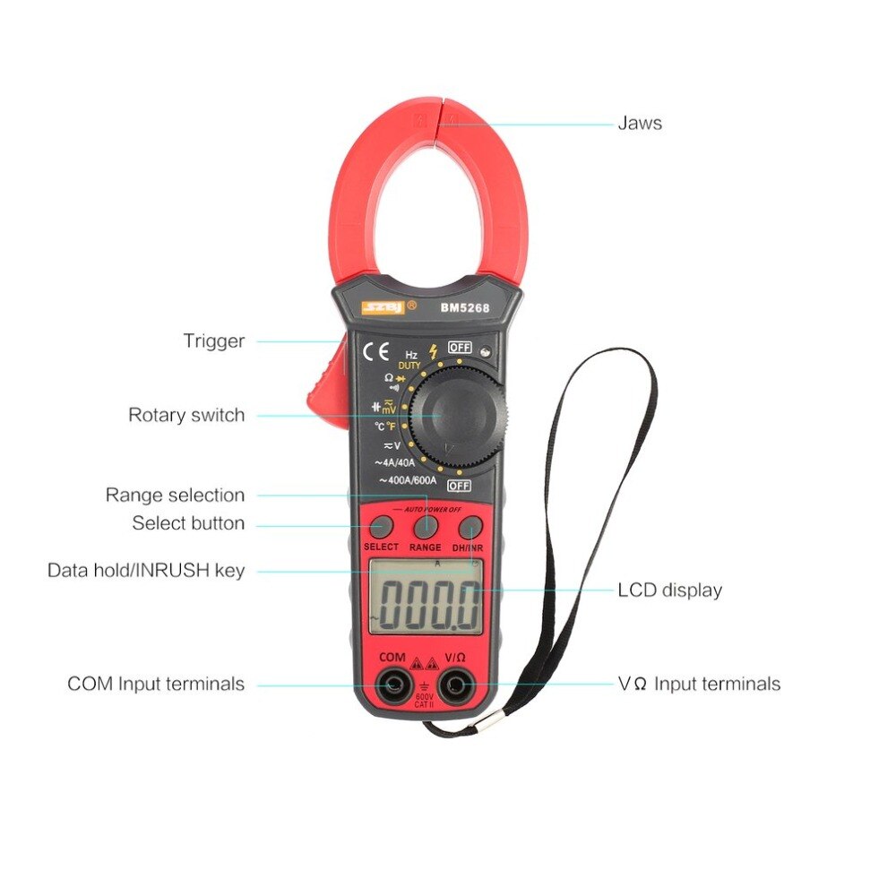 BM5268 Handheld Digital Clamp Meter Multimeter True RMS AC/DC Volt Amp Ohm Capacitance Frequency Temperature Diode Tester