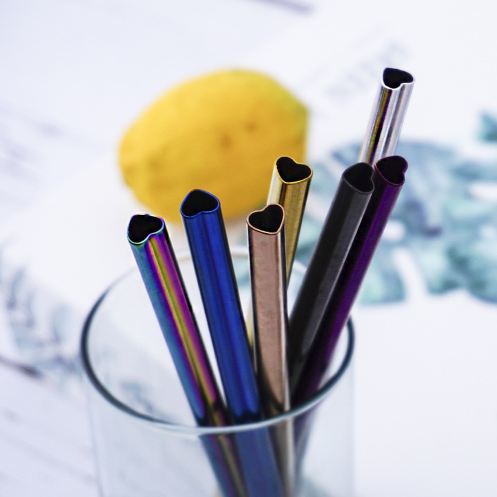 Herbruikbare metalen rietjesset roestvrij staal parel milkshake rietjesset veelkleurige hartvormige rietjes