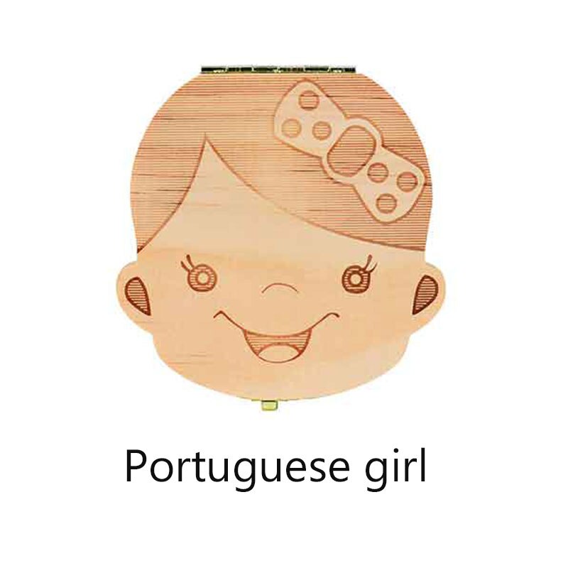 Tand Doos Portugue/Spaans/Engels/Nederlands/Frans/Russisch/Italiaans Hout Tand Doos Organizer Save melk Tanden Hout Opslag Tanden: Portuguese girl